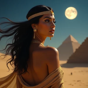 "Under the enchanting glow of the moonlight, an elegant Egyptian...