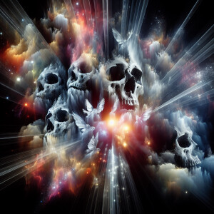 Shadowy figures merging with beams of light, creating a stunning...