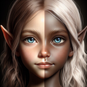 An elven baby with dark brown skin, blue eyes, and light blonde...