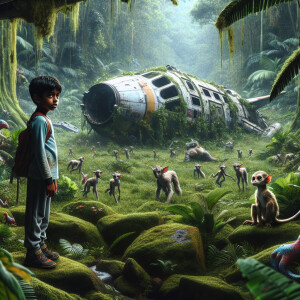 The boy is standing on another planet covered with jungle. Unusu...