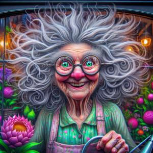 a whimsical realistic image of an old lady with wild grey hair t...