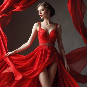Create a stunning artwork of a beautiful woman in a red dress, w...