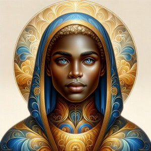 Create a beautiful African-American Jesus Christ with Hazel, brown eyes and blue and gold robe