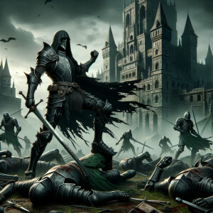 Black knight in victory pose with defeated green knights on the ground in front of a undead castle