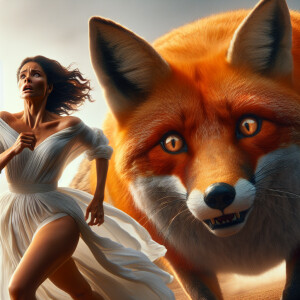 a woman wearing white dress being chased by super big fox, close...