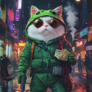 A white fluffy cat wearing a green frog costume with a hood feat...