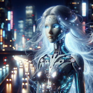 An ethereal android goddess, glowing with an otherworldly aura a...