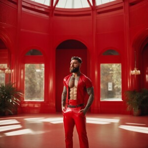A bearded, muscular man confidently stands with his hands in his...