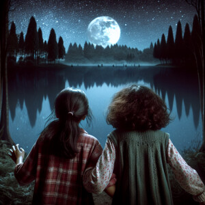 Two frightened girls stand with their backs to the lake at night