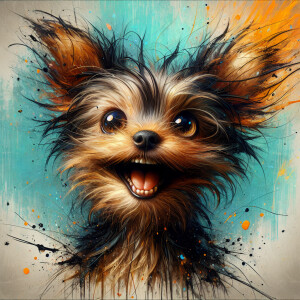 A whimsical and lively digital painting of a grinning yorkie lik...