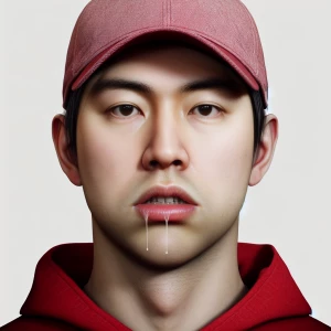 Create a hyper-realistic image of a man wearing a red baseball c...