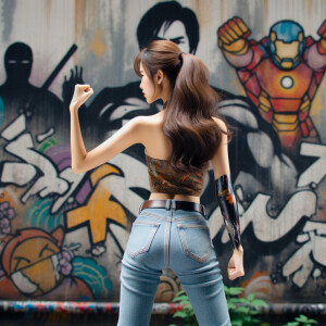 Attractive, Asian teenage girl, long brown hair and bangs, wearing tight skinny jeans and a halter top paint marks on her clothing, backside view heroic pose Asian graffiti