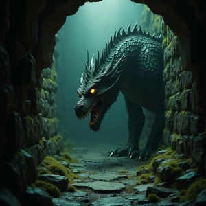 A detailed, intimidating dragon with glowing eyes and sharp scal...