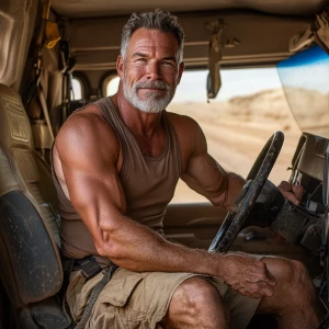 A muscular, older man with a well-groomed gray beard and short, salt-and-pepper hair sits confidently in the cab of a rugged truck. He’s wearing a snug brown tank top that shows off his bulging arms and broad shoulders, paired with tan cargo shorts that highlight his strong, athletic legs. His work boots, scuffed and worn from years of use, rest on the floor of the truck. The man exudes a rugged, seasoned vibe, with a hint of a smile as he grips the steering wheel, ready to hit the road. The truck’s interior is practical and well-used, with a few personal touches like a hanging air freshener and a coffee thermos in the cup holder