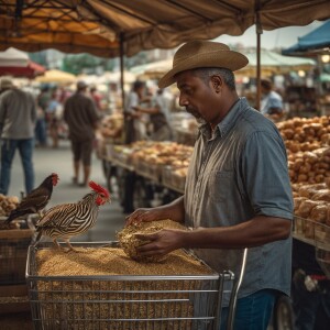 A man searches for chicken at a bustling farmers' market for his...