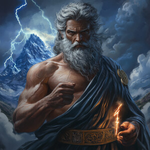 Create an image of Zeus, the Greek god of the sky and thunder, d...
