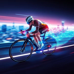 Show a professional cyclist in futuristic gear breaking the soun...