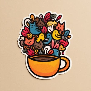 A whimsical, hand-drawn coffee cup brimming with a delightful ch...