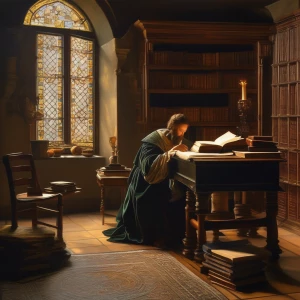 A detailed scene of a scholar’s study, with books, instruments, and a window casting light on a richly robed figure absorbed in writing.