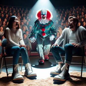 People tied to their chairs stare in horror at the scary clown w...