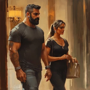 realism art style.A sweaty beefy man walking with his 54 year ol...