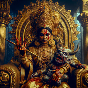 portrait of extremely angry looking goddess durga cosplayer sitting on a gold crown and carrying a weak mahishasur on her lap and poking him with her amazingly long red fingernails. She is wearing gold armor, a huge gold crown, gold saree, abundant  gold jewelry, covered in blood. The scene is set in ancient India. The image is 8K resolution, cinematic, photography, ultra detailed face and epic.