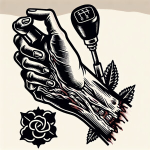 Detached zombie arm holding a detached car shifter in an old sch...