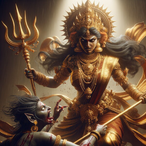 portrait of angry looking, indian goddess lunging at a weak mahishasur with a trident in her hand. She is wearing gold armor, a huge gold crown, gold saree, abundant  gold jewelry, covered in blood. The scene is set in ancient India. The image is 8K resolution, cinematic, photography, ultra detailed face and epic.