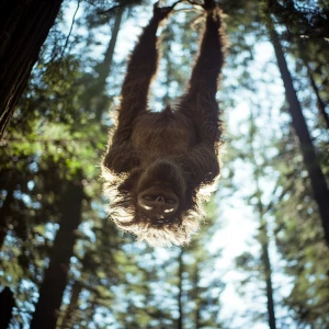 A humanoid looking hair covered sasquatch hanging upside-down hi...