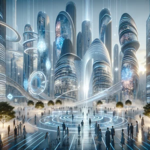 A futuristic city plaza featuring towering, curved buildings that seem to float, their surfaces reflecting shimmering light. In the foreground, people in sleek, tailored clothing walk through a misty, luminous pathway, holding translucent devices that project holographic screens