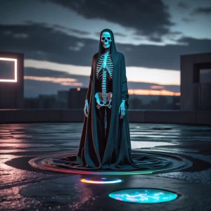 (SurrealScapes Aesthetic) A skeletal figure wrapped in Mobius da...
