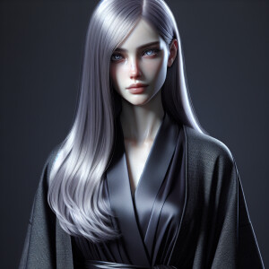 Create an image of a statuesque, ethereal young woman with shimm...