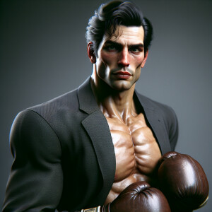 Sylvester Stallone wearing a suit and boxing gloves