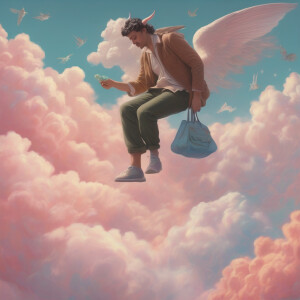 A stoner walking on clouds laughing with a crazy demon