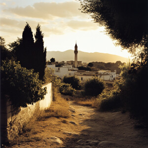 village under golden sunlight, featuring a mosque minaret in the...
