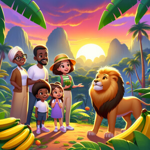 A family gazes at a lion near ripe plantains in the jungle, with...