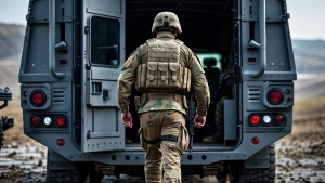 a soldier leaving a grey vehicle, big all healed up and ready fo...