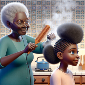 Create a realistic 3-D image of an african-American grandmother in the kitchen with her african-American granddaughter. The grandmother has a hot comb in her hair and she is straightening her granddaughters hair. One side of her granddaughters hair is in  a Afro the other is bone straight 
There is smoke coming from the hot comb