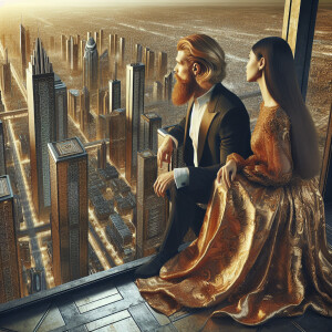 "A hiperrealistic, image of a futuristic gold city, from the tow...