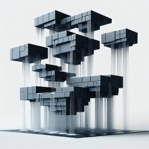 Create a design for a floating waterfall fountain featuring 4 se...