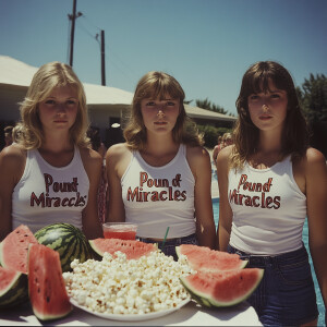 Color film photograph from 1975 of three beautiful 23-year-old w...