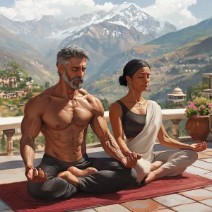 Realism art 1:1,A muscular beefy sweaty  man and his 50-year-old...