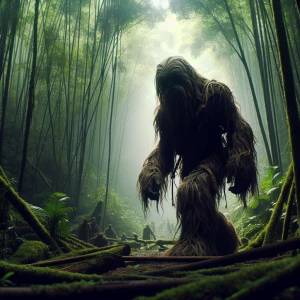 A humanoid looking hair covered sasquatch walking through the dense forest in China