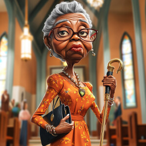 Create a old African American caricature lady who has a walking...