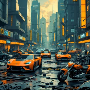 Visualize a bustling, dystopian cityscape set in the future, fea...