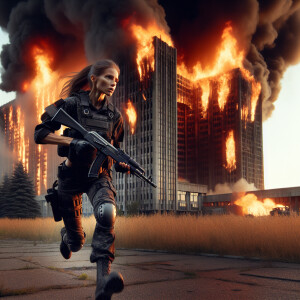 Generate an image of a woman fighter with a rifle running from a...