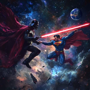 Create an image depicting a showdown between Darth Vader wieldin...