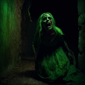 A gruesome hag with green skin and warts hungrily devours her ow...