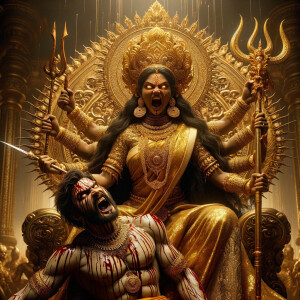 portrait of angry looking goddess durga sitting on a gold crown and carrying a weak mahishasur on her lap and stabbing him with her amazingly designed trident. She is wearing gold armor, a huge gold crown, gold saree, abundant  gold jewelry, covered in blood. The scene is set in ancient India. The image is 8K resolution, cinematic, ultra detailed face and epic.