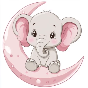 A cute, cartoon elephant sits on a stylized, rosy-pink crescent moon. The elephant is light gray with large, round, pink-spotted ears.  Its body is round and its trunk is curled gently upward.  The elephant's eyes are large and round, and its facial expression is happy and friendly. The elephant's legs and feet are visible, and its posture is relaxed, sitting. The moon is a soft, shaded pink, with watercolor-like texture and subtle shading. The background is white. The image is in a child-friendly style, showcasing delicate line work and color palettes. The composition is centered on the elephant, which is positioned on the moon. The overall style is sweet, whimsical, and reminiscent of children's book illustrations.  The colors are pastel and soothing, creating a gentle atmosphere.  Small, white polka dots accentuate the elephant's ears and trunk, enhancing the adorable aesthetic.